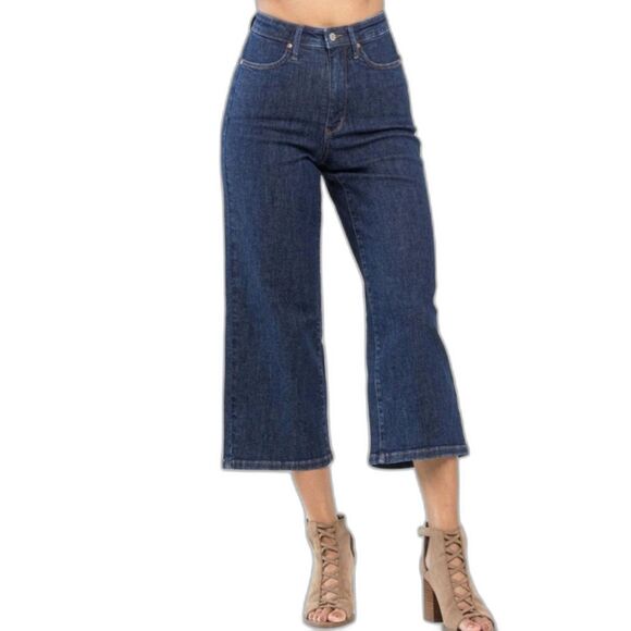 Judy Blue High Waist Dark Wash Tummy Control Wide Leg Crop Jeans Size 13/31 - Picture 1 of 14